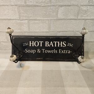 Wood Bathroom Towel Holder 4 Ceramic Hooks Hot Baths 25 Cents Soap Faux Antique